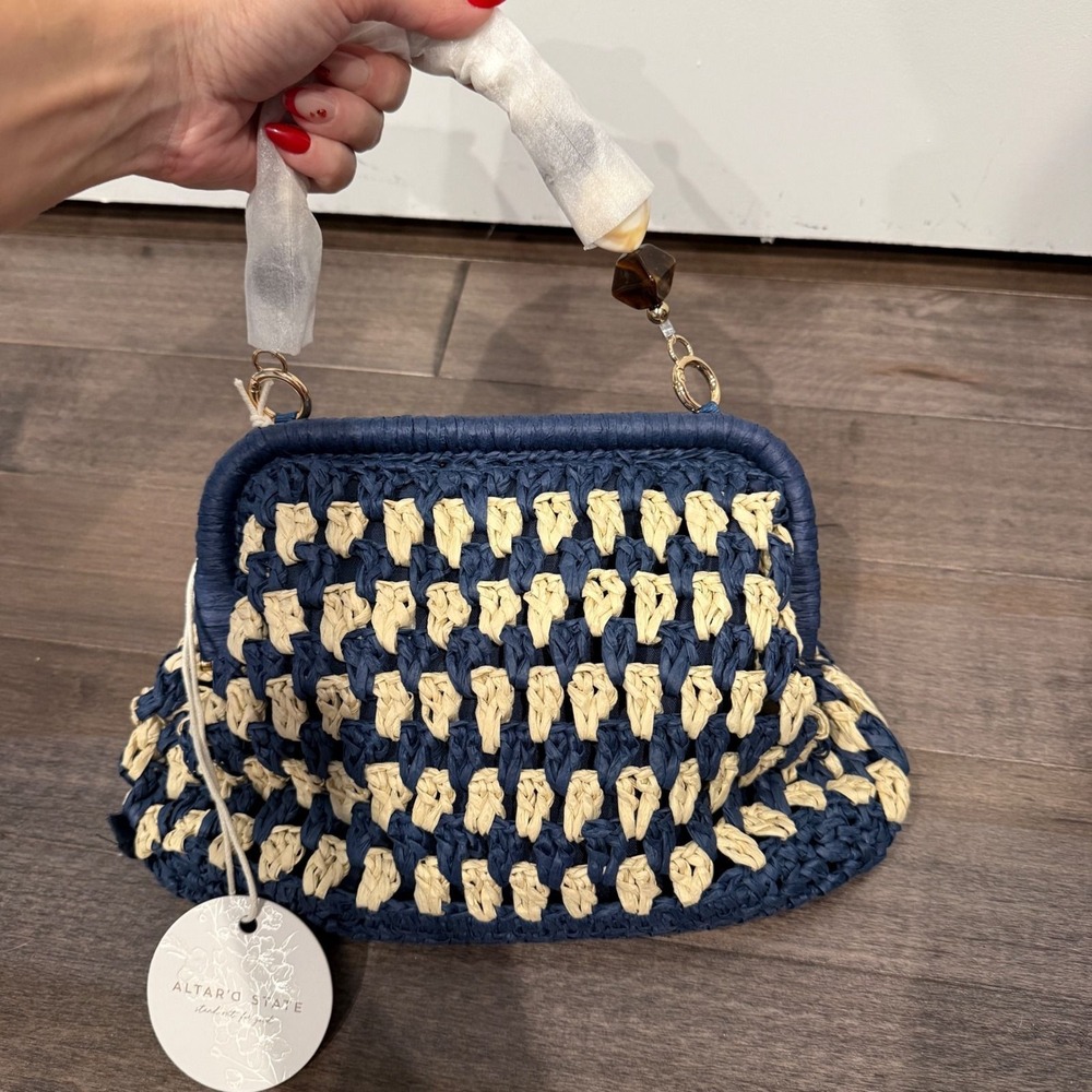 Altar'd State Woven Straw Clutch Navy Blue Cream Beaded Resin Handle Handbag - Picture 8 of 9